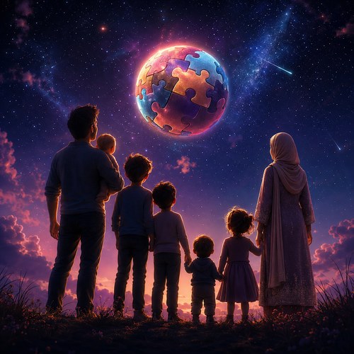 A family silhouette looking up at Puzzle Planet