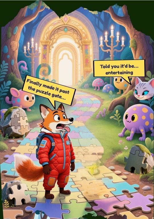 Tinker arrives at a golden puzzle gate with a mysterious cat companion